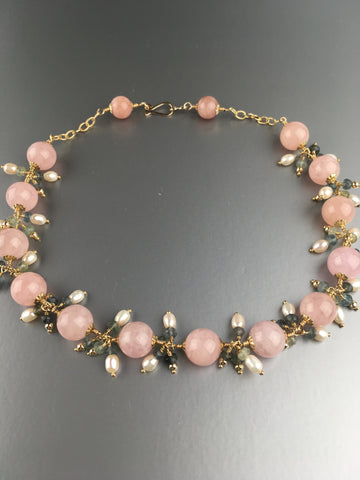 Morganite Bead with Pearl and Moss Aquamarine Necklace