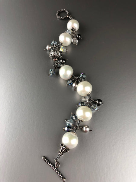 Sophisticated Princess - Freshwater Pearl Bracelet, Earrings, and Pendant in Oxidized Sterling Silver Set Magic Sparkle Collection