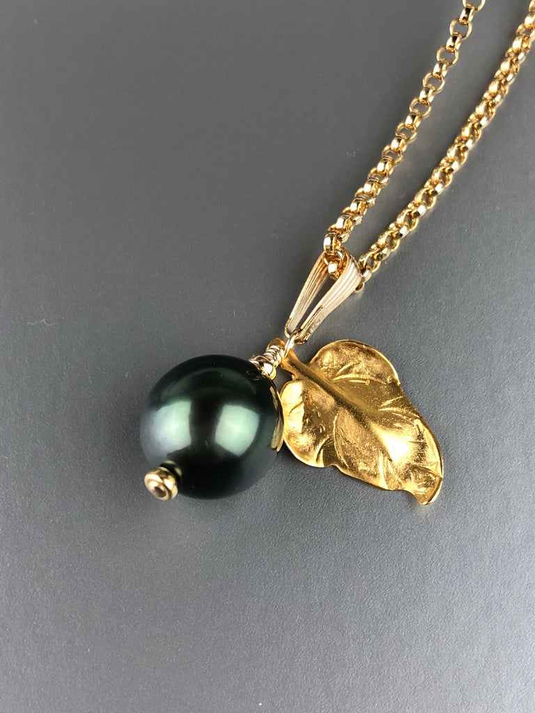 Baroque Tahitian Pearl Pendant with Leaf Motif