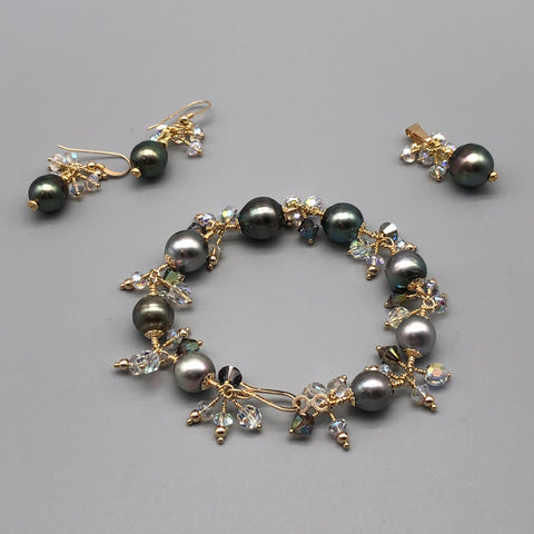 Baroque Tahitian Pearl Bracelet, Earrings (mini chandelier), Pendant Set in Gold filled
