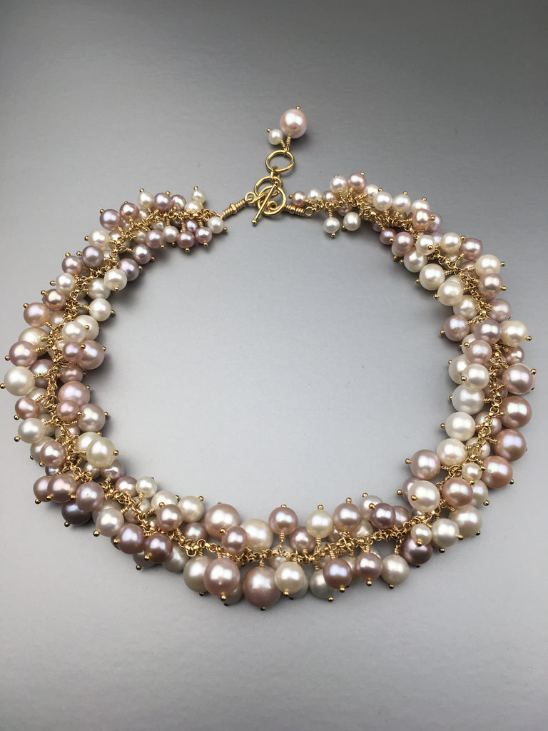 14K Gold Pink Freshwater Pearl Tincup Cluster Pendant
