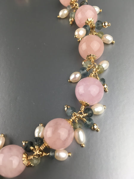 Morganite Bead with Pearl and Moss Aquamarine Necklace