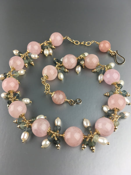 Morganite Bead with Pearl and Moss Aquamarine Necklace