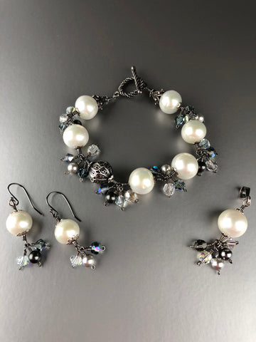 Sophisticated Princess - Freshwater Pearl Bracelet, Earrings, and Pendant in Oxidized Sterling Silver Set Magic Sparkle Collection