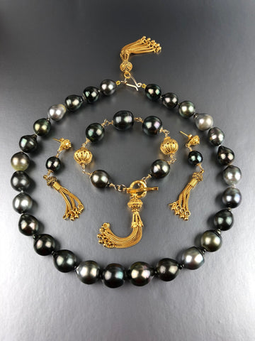 Empress - Baroque Tahitian Pearl Jewelry Set in Vermeil Tassel Motif