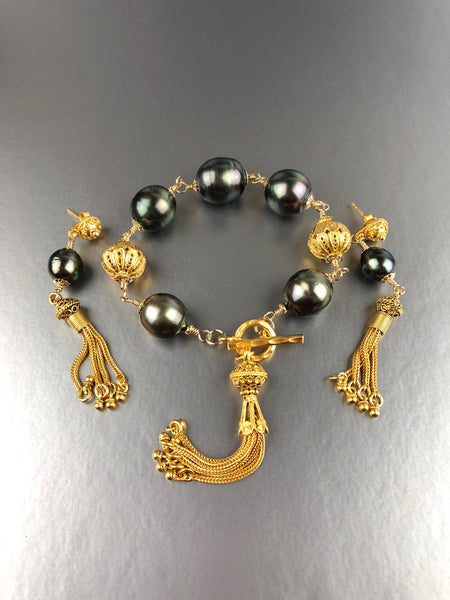 Empress - Baroque Tahitian Pearl Jewelry Set in Vermeil Tassel Motif