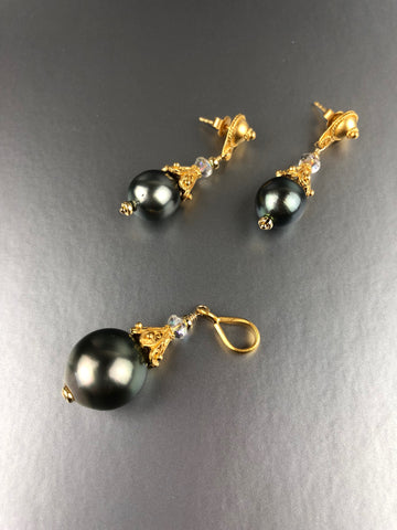 Baroque Tahitian Pearl Earrings and Pendant Set in Vermeil Cone Motif