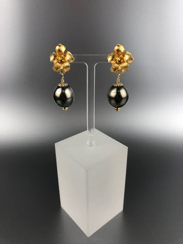 Baroque Tahitian Pearl Earrings with Vermeil Flower Accent