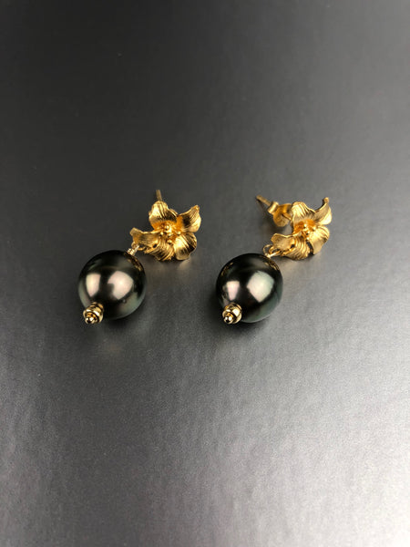 Baroque Tahitian Pearl Earrings with Vermeil Flower Accent